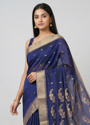 Blue Handloom Chanderi Pure Silk Saree With Blouse Piece