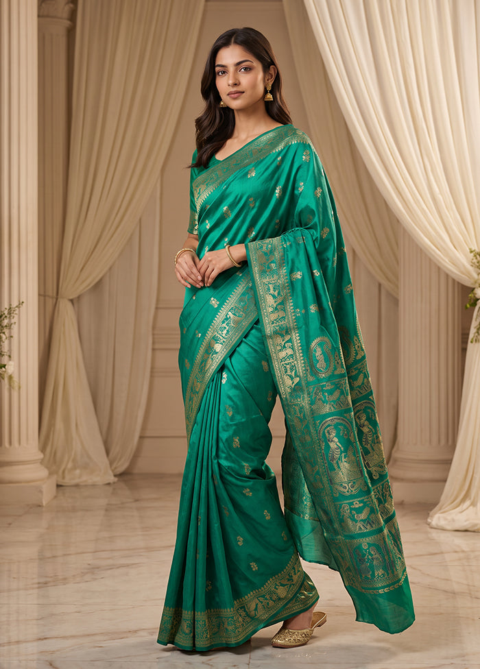 Green Handloom Baluchari Pure Silk Saree With Blouse Piece
