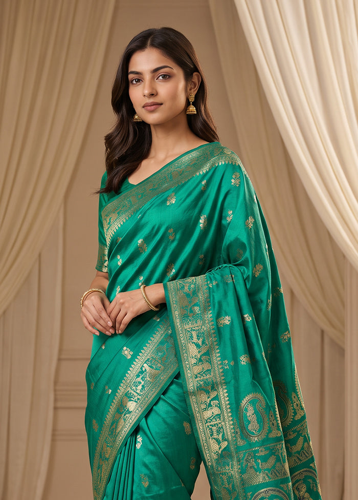 Green Handloom Baluchari Pure Silk Saree With Blouse Piece