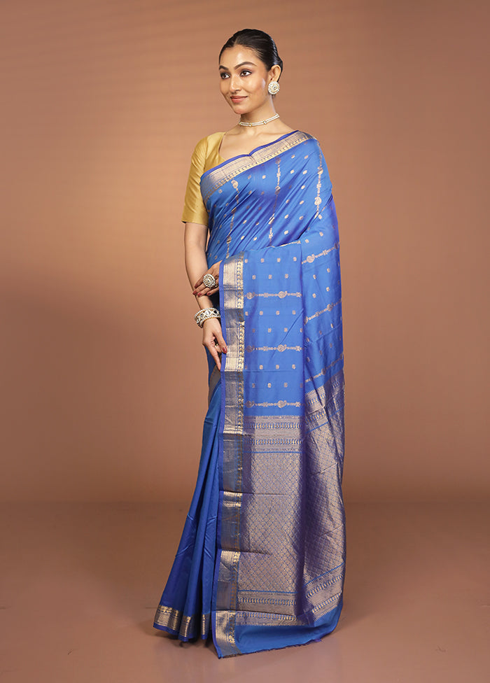 Blue Kanjivaram Silk Saree With Blouse Piece