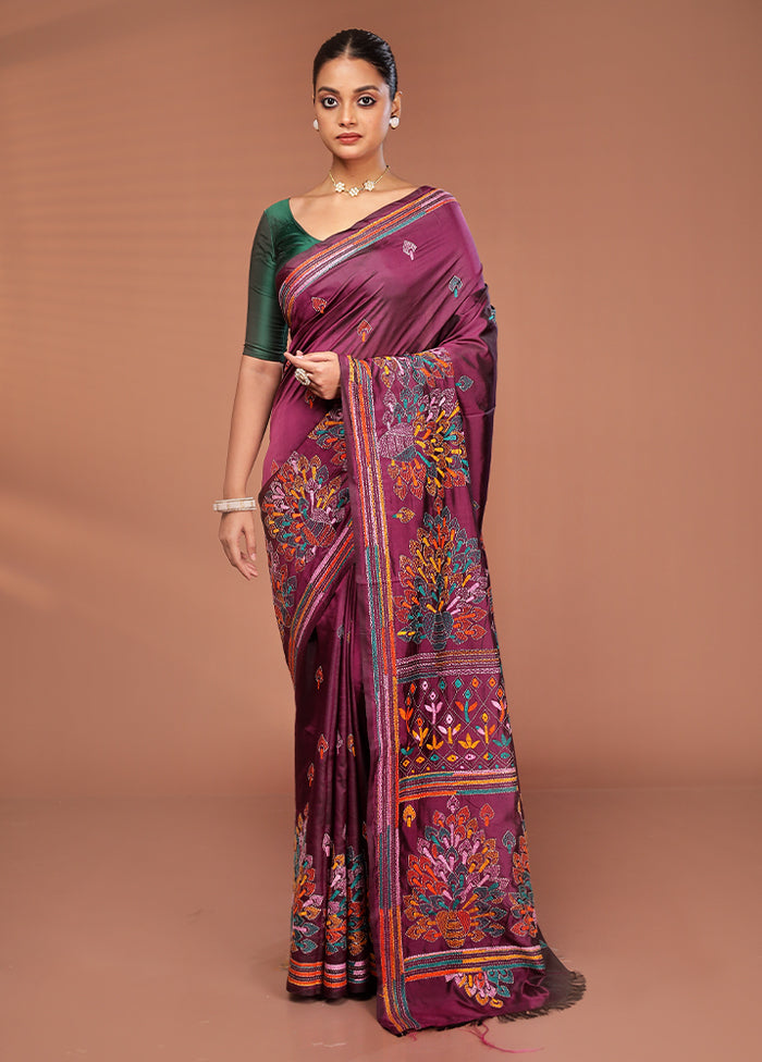 Maroon Kantha Stitch Silk Saree With Blouse Piece