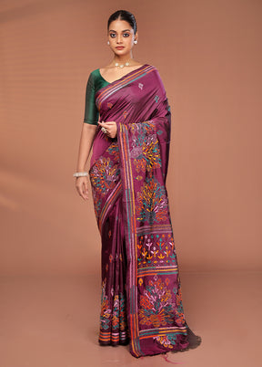 Maroon Kantha Stitch Silk Saree With Blouse Piece