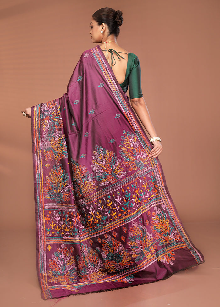 Maroon Kantha Stitch Silk Saree With Blouse Piece
