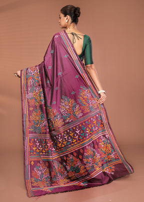 Maroon Kantha Stitch Silk Saree With Blouse Piece