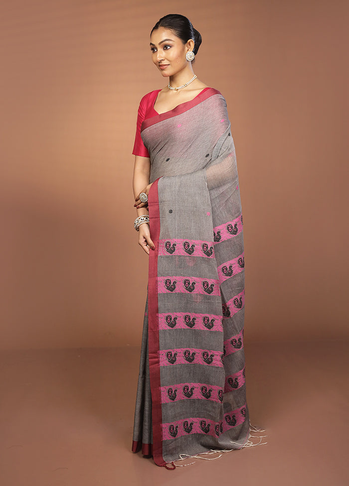 Grey Khadi Cotton Saree With Blouse Piece