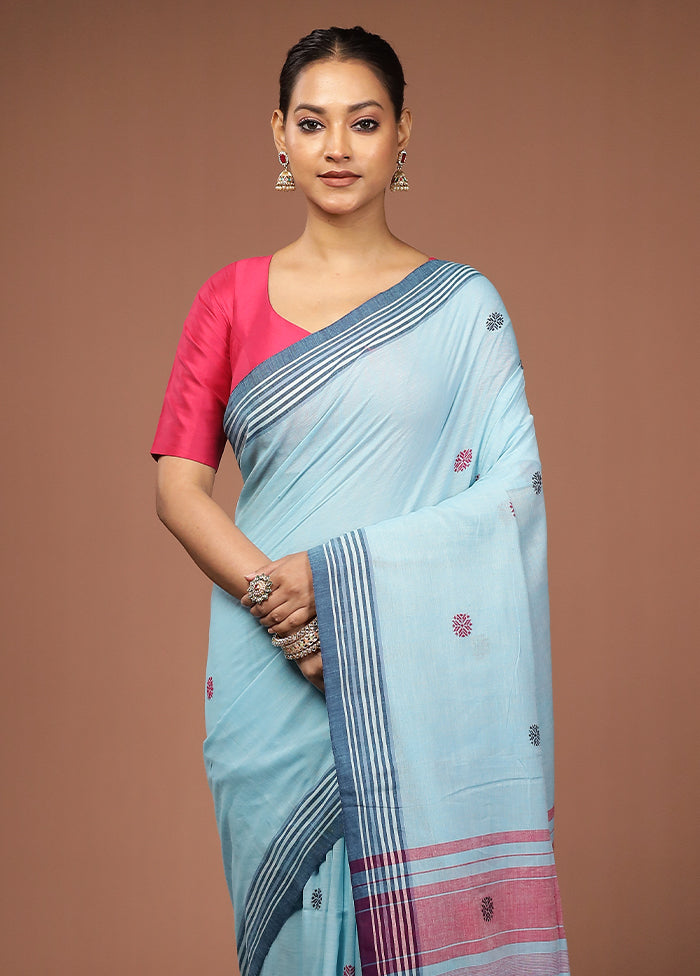 Blue Khadi Cotton Saree With Blouse Piece