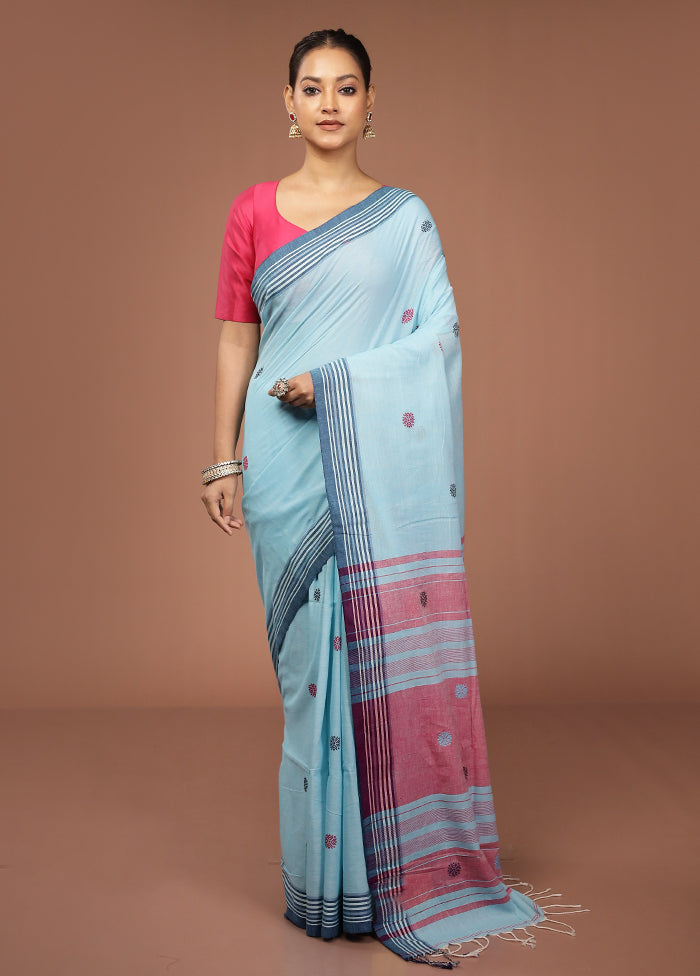 Blue Khadi Cotton Saree With Blouse Piece