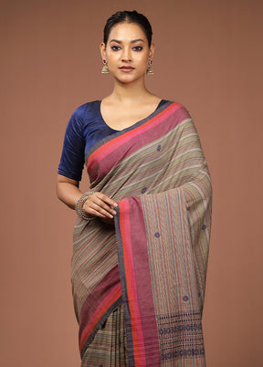 Cream Khadi Cotton Saree With Blouse Piece