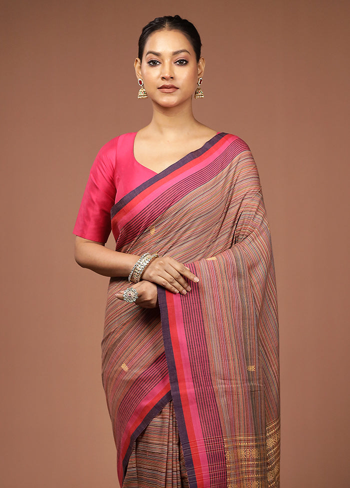 Rust Khadi Cotton Saree With Blouse Piece