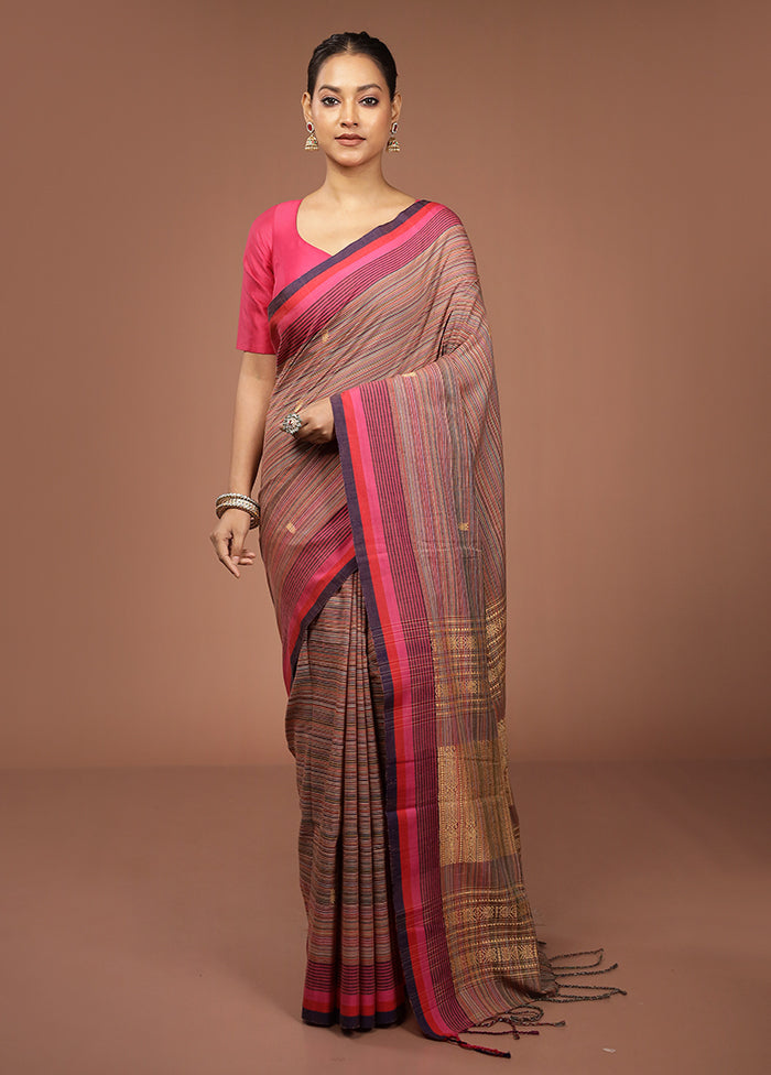 Rust Khadi Cotton Saree With Blouse Piece