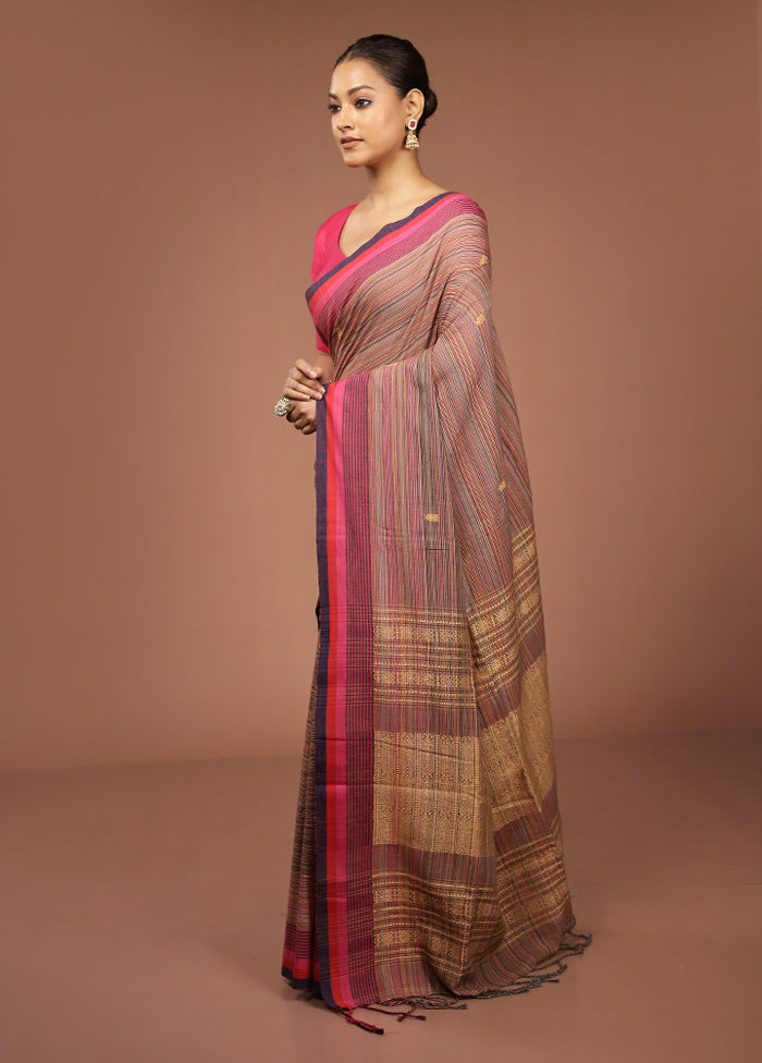 Rust Khadi Cotton Saree With Blouse Piece