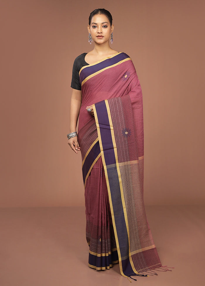 Maroon Khadi Cotton Saree With Blouse Piece