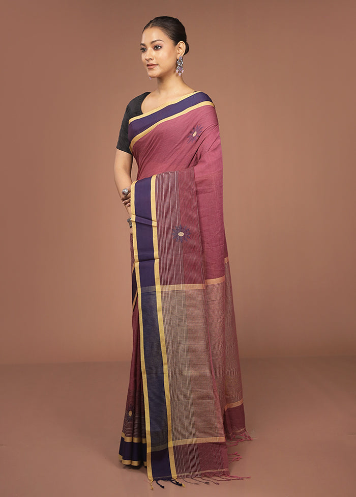Maroon Khadi Cotton Saree With Blouse Piece