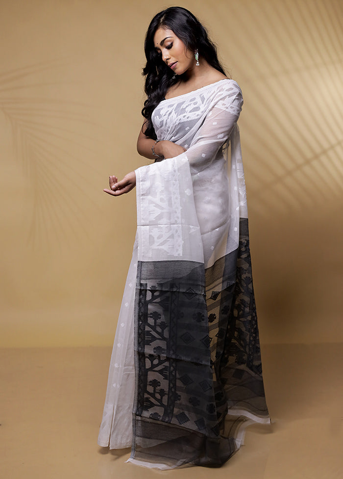White Tant Cotton Saree Without Blouse Piece - Indian Silk House Agencies