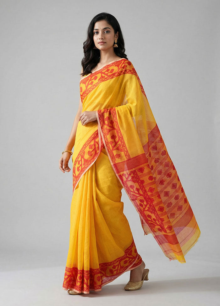 Yellow Jamdani Cotton Saree Without Blouse Piece