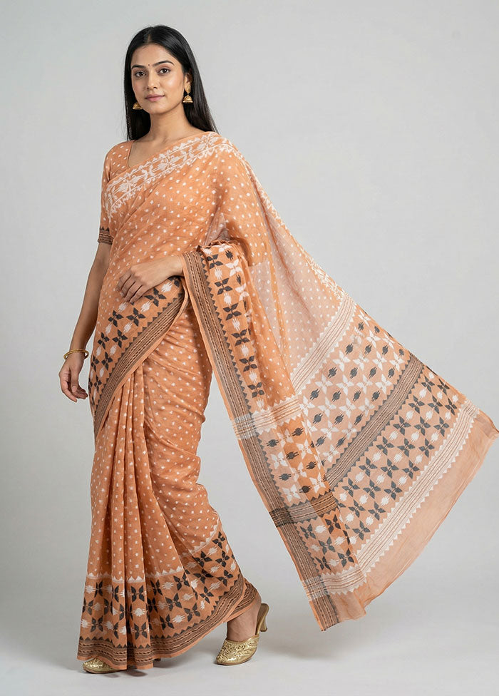 Brown Jamdani Cotton Saree Without Blouse Piece