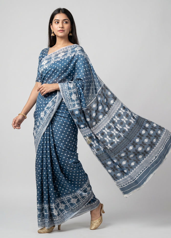 Blue Jamdani Cotton Saree Without Blouse Piece
