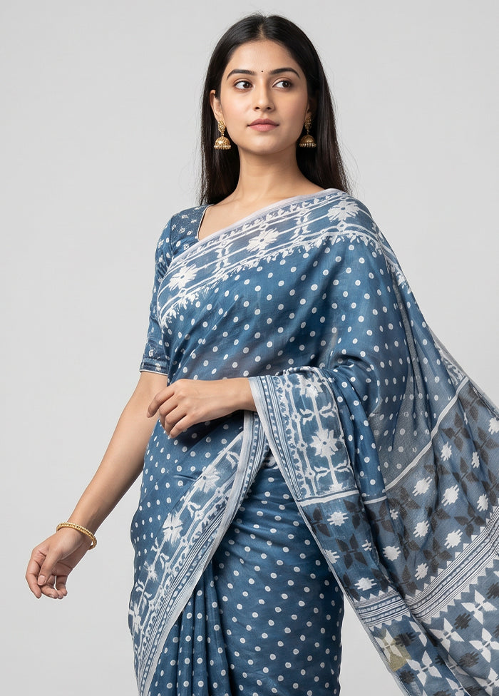 Blue Jamdani Cotton Saree Without Blouse Piece