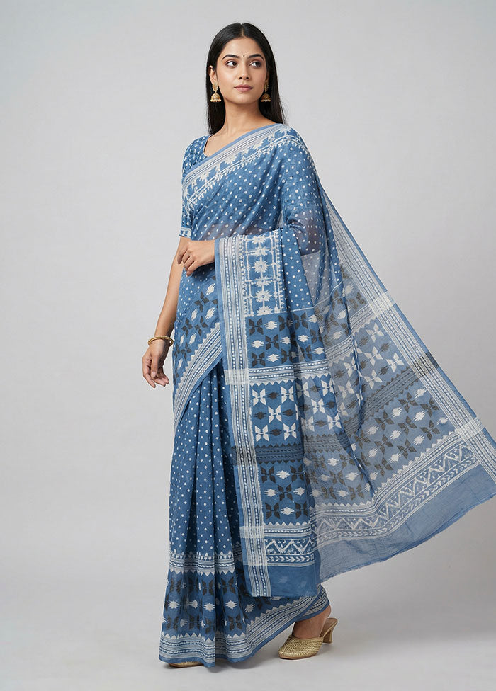 Blue Jamdani Cotton Saree Without Blouse Piece