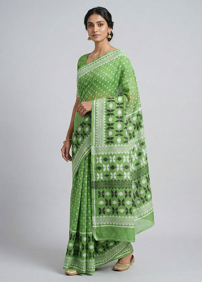 Green Jamdani Cotton Saree Without Blouse Piece