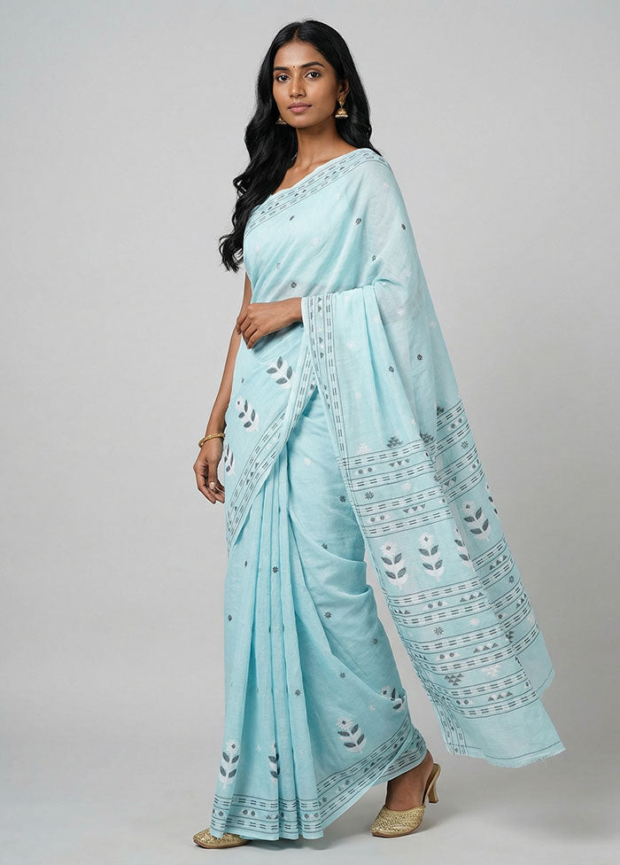 Blue Jamdani Cotton Saree Without Blouse Piece