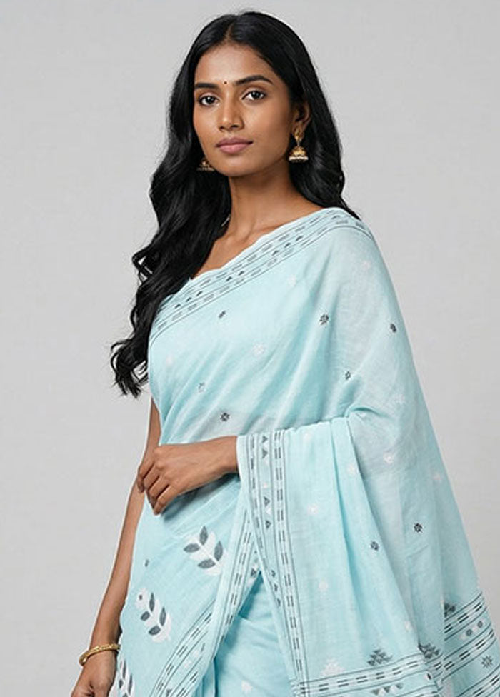 Blue Jamdani Cotton Saree Without Blouse Piece