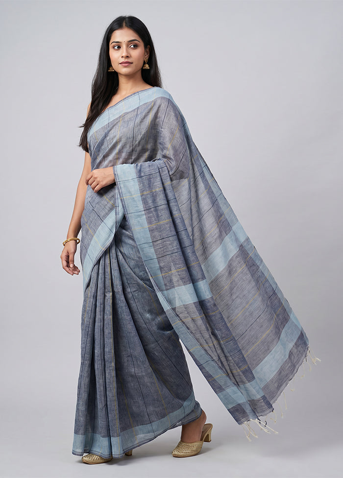 Blue Khadi Cotton Saree With Blouse Piece