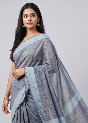 Blue Khadi Cotton Saree With Blouse Piece