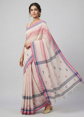 White Khadi Cotton Saree With Blouse Piece