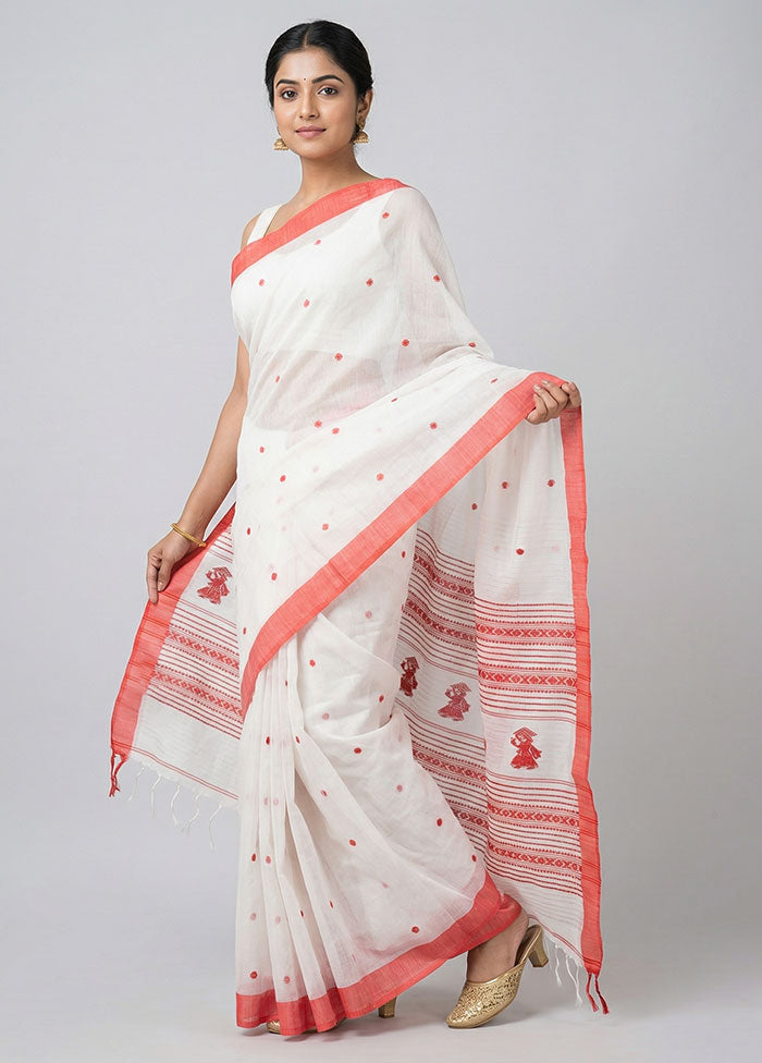 White Khadi Cotton Saree With Blouse Piece