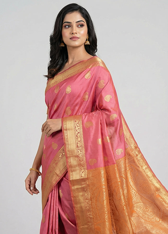 Pink Kanjivaram Silk Saree With Blouse Piece