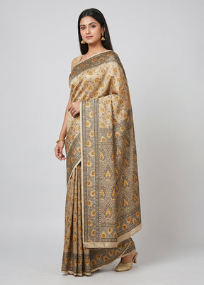 Cream Jamewar Silk Saree With Blouse Piece