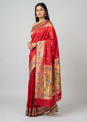 Red Handloom Katan Pure Silk Saree With Blouse Piece
