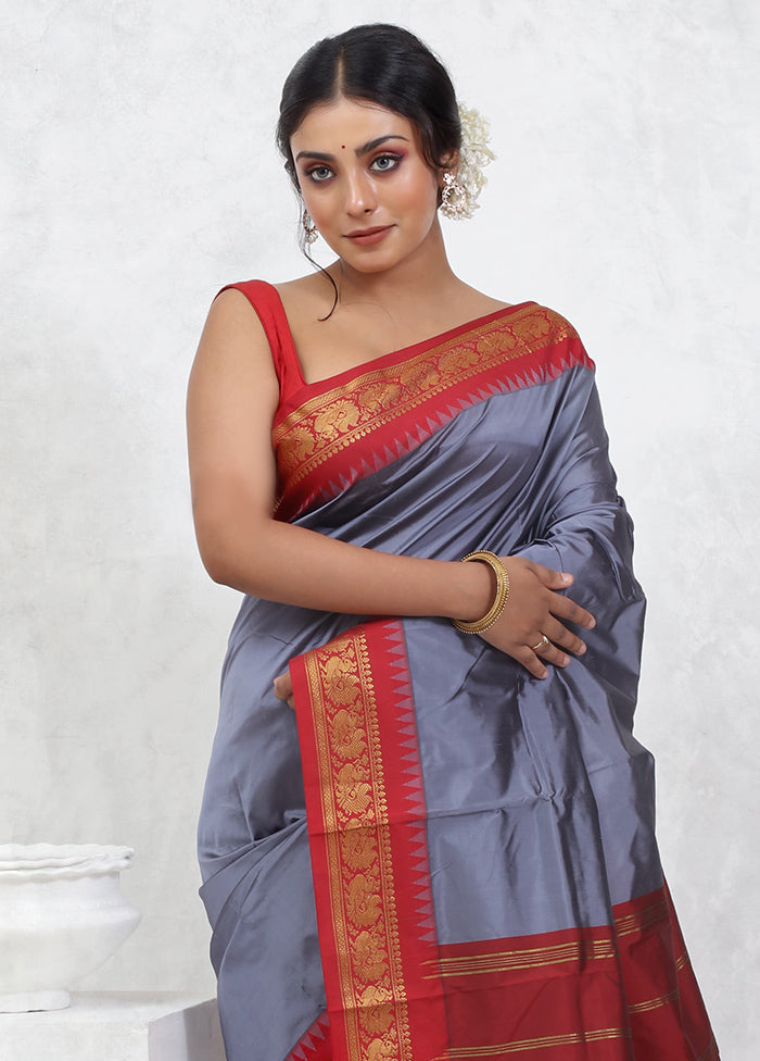 Grey Kanjivaram Silk Saree With Blouse Piece - Indian Silk House Agencies