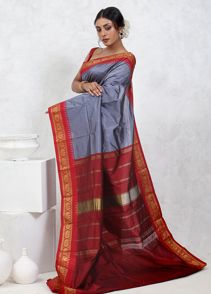 Grey Kanjivaram Silk Saree With Blouse Piece - Indian Silk House Agencies