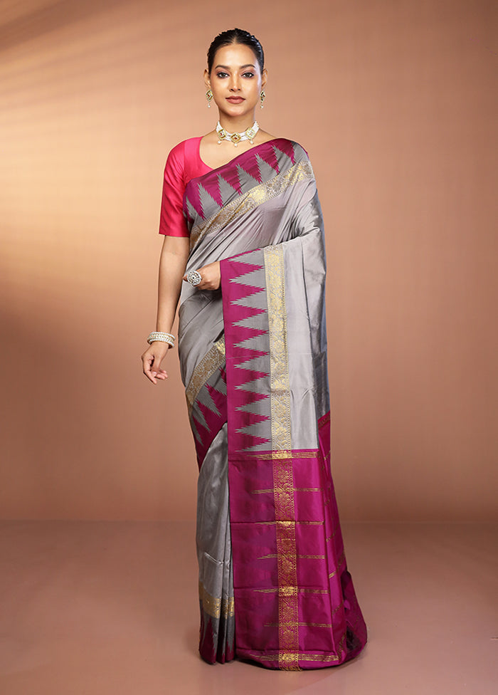 Grey Kanjivaram Silk Saree With Blouse Piece
