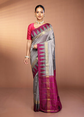Grey Kanjivaram Silk Saree With Blouse Piece