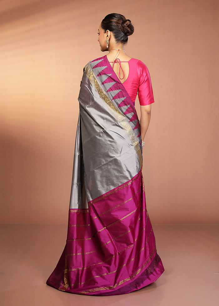 Grey Kanjivaram Silk Saree With Blouse Piece
