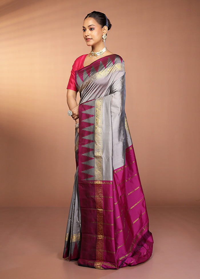 Grey Kanjivaram Silk Saree With Blouse Piece