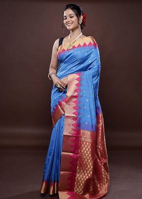 Blue Kanjivaram Silk Saree Without Blouse Piece - Indian Silk House Agencies