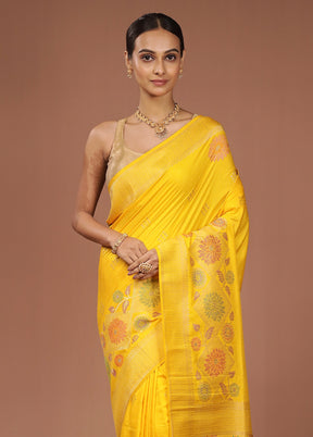 Yellow Dupion Silk Saree With Blouse Piece