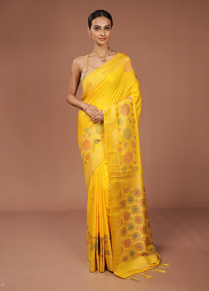 Yellow Dupion Silk Saree With Blouse Piece