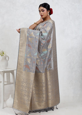 Grey Dupion Silk Saree Without Blouse Piece - Indian Silk House Agencies