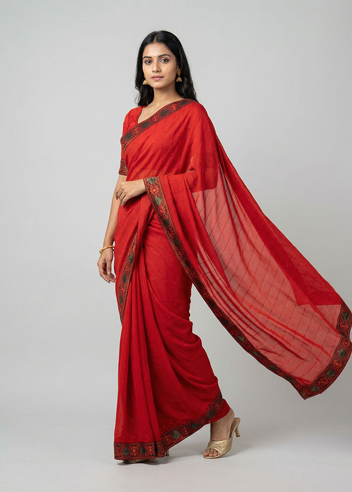 Red Chiffon Silk Saree With Blouse Piece