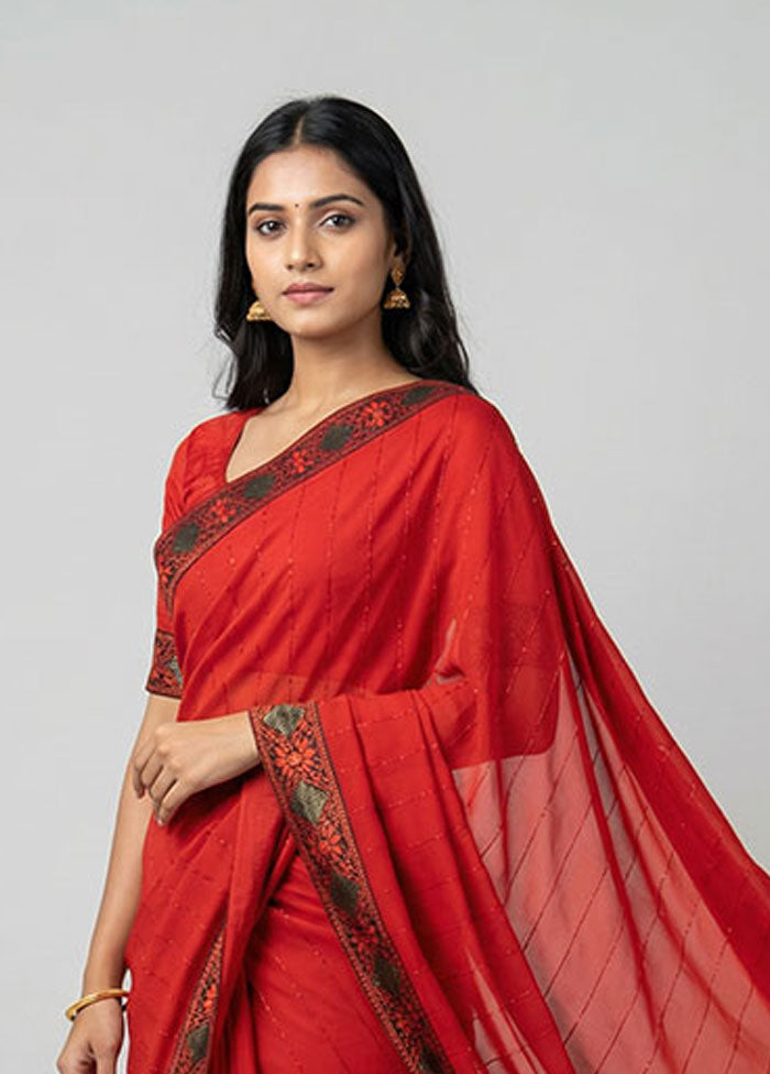 Red Chiffon Silk Saree With Blouse Piece