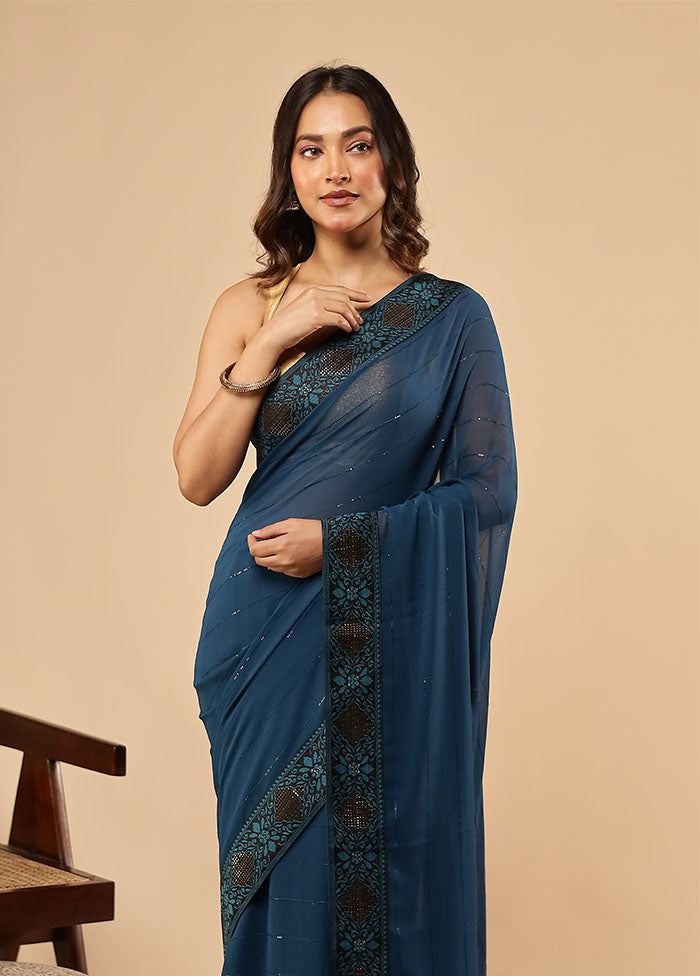 Blue Chiffon Silk Saree With Blouse Piece