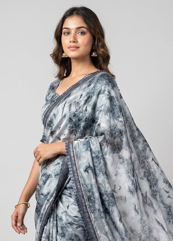 Grey Chiffon Silk Saree With Blouse Piece