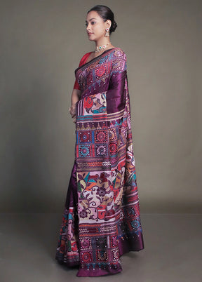 Purple Handloom Kantha Stitch Pure Silk Saree With Blouse Piece