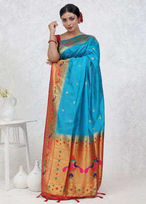 Blue Dupion Silk Saree Without Blouse Piece - Indian Silk House Agencies