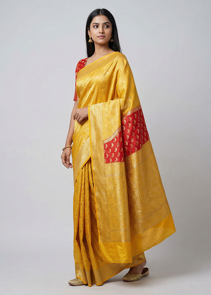 Yellow Dupion Silk Saree With Blouse Piece